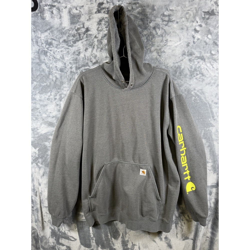 Carhartt Hoodie Mens 2XL Gray Pullover Fleece Sweatshirt Sleeve Logo Graphic